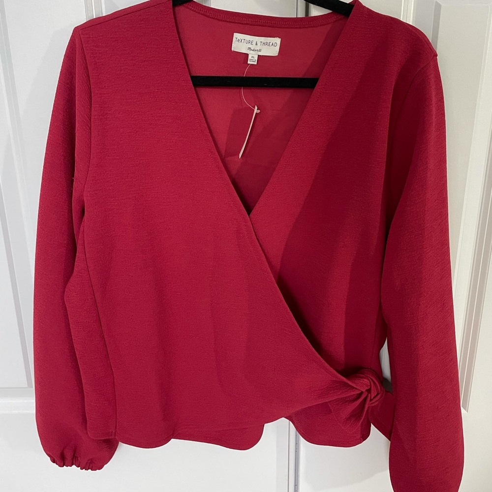 Madewell Texture & Thread crossover red top. Fabric is a dark red